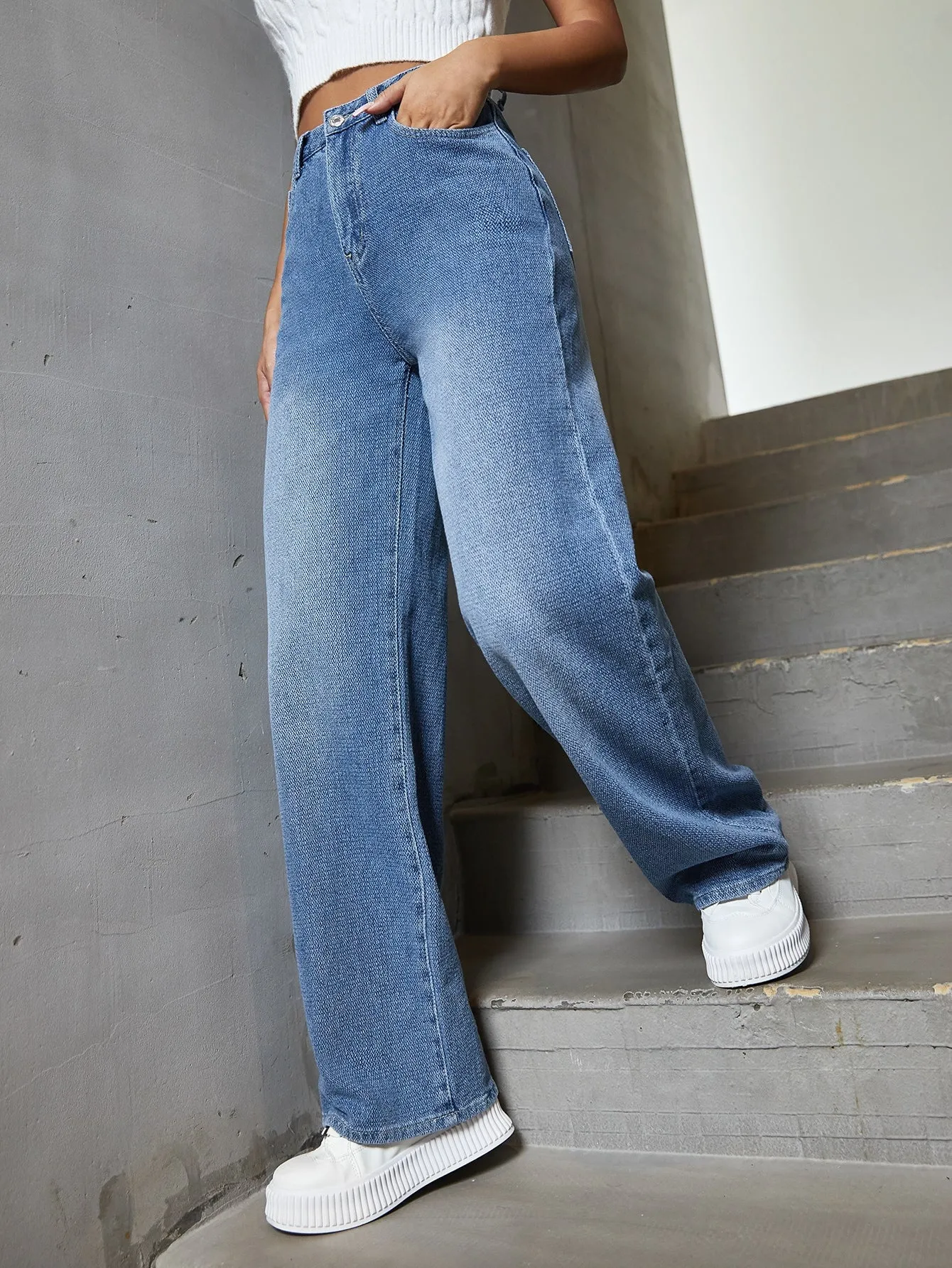 Casual Plain Button Front High Waist Long Women Jeans