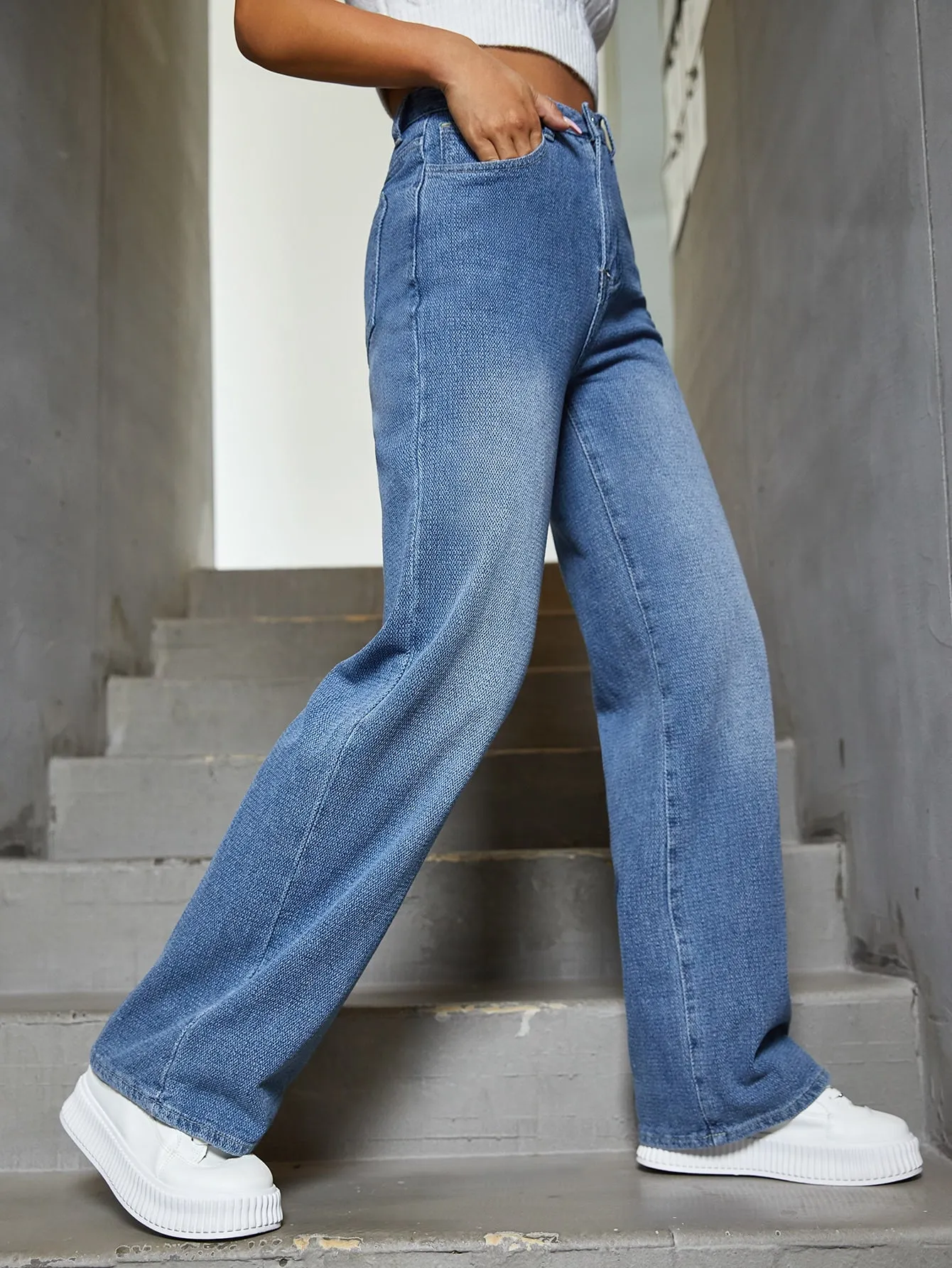Casual Plain Button Front High Waist Long Women Jeans