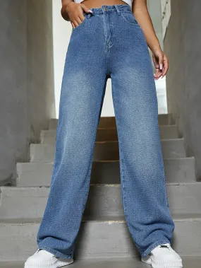 Casual Plain Button Front High Waist Long Women Jeans