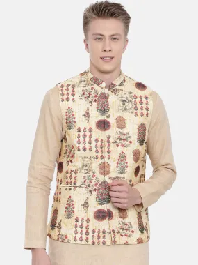 Chanderi Yellow Printed Jacket   - MMWC0148