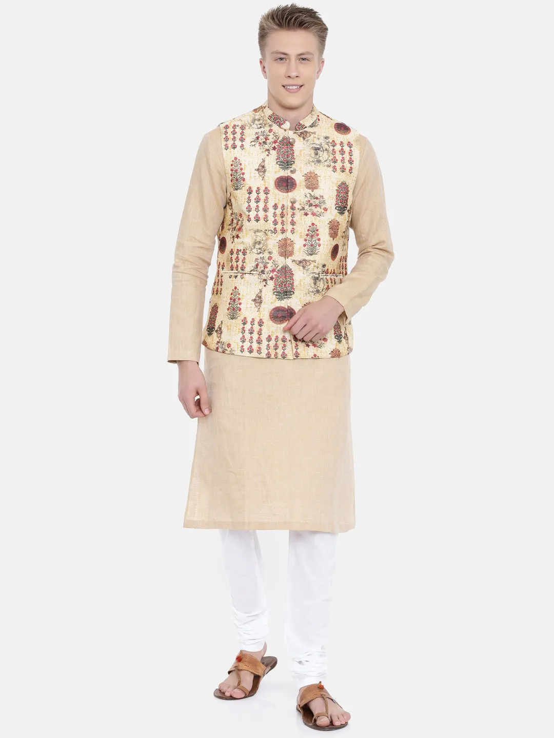 Chanderi Yellow Printed Jacket   - MMWC0148