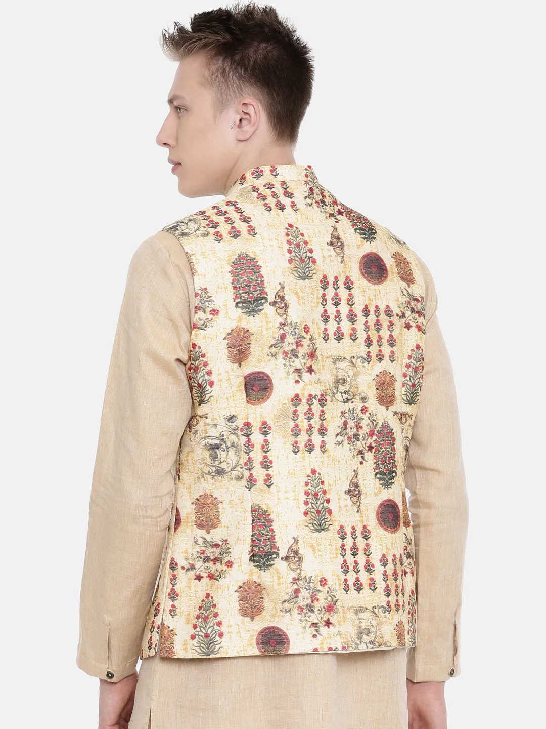 Chanderi Yellow Printed Jacket   - MMWC0148