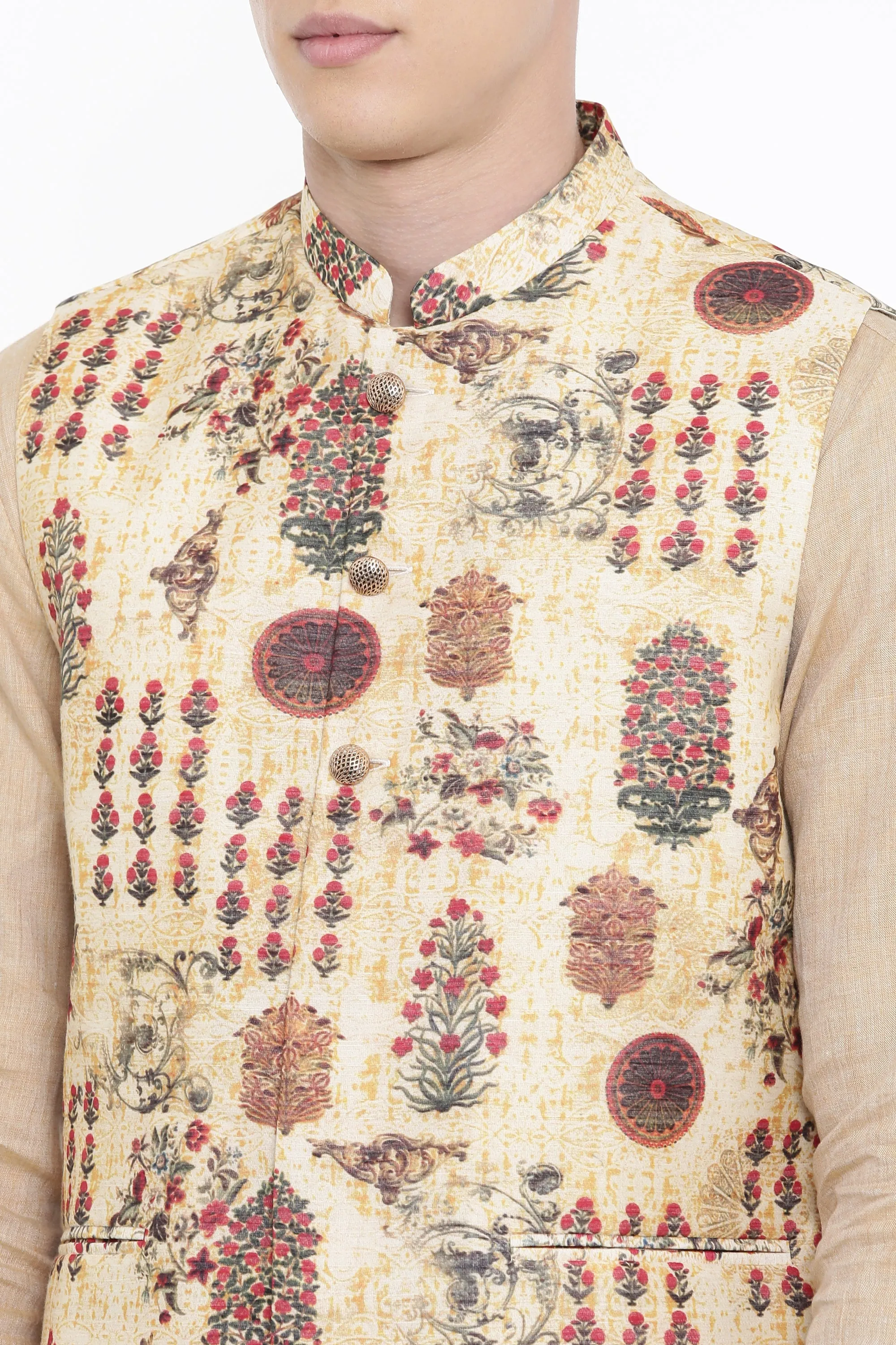 Chanderi Yellow Printed Jacket   - MMWC0148