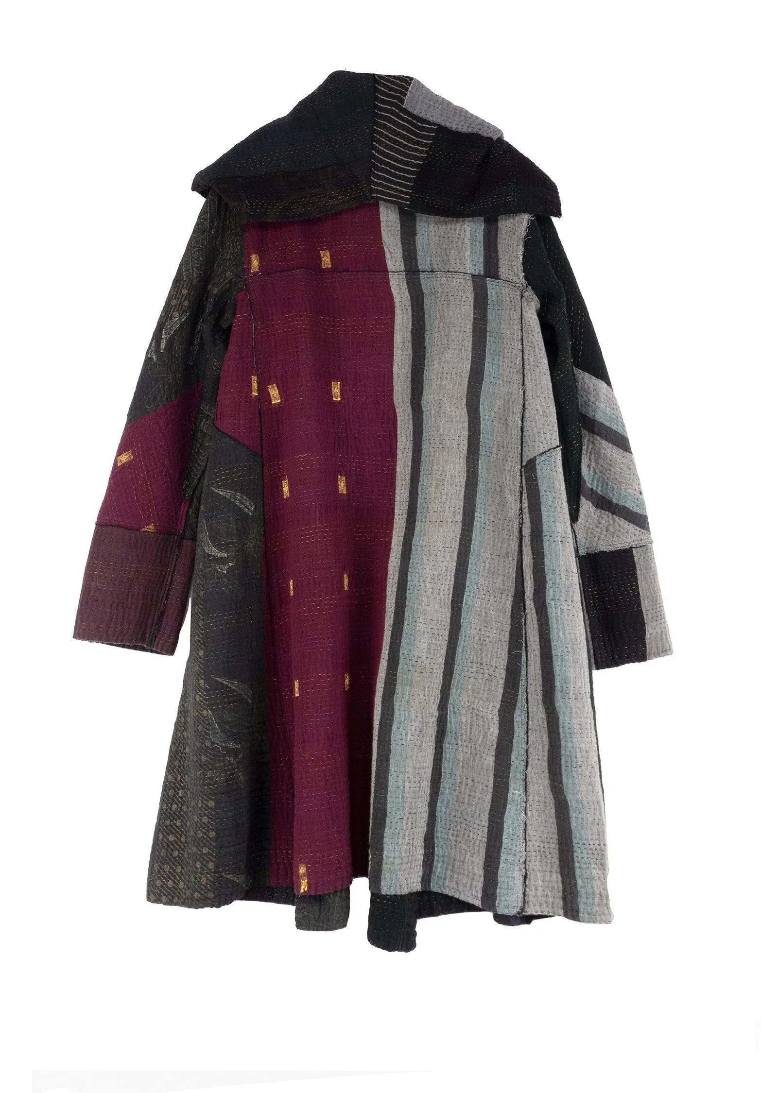 FRAYED PATCH MIX KANTHA A-LINE COAT - fm4309-blk -