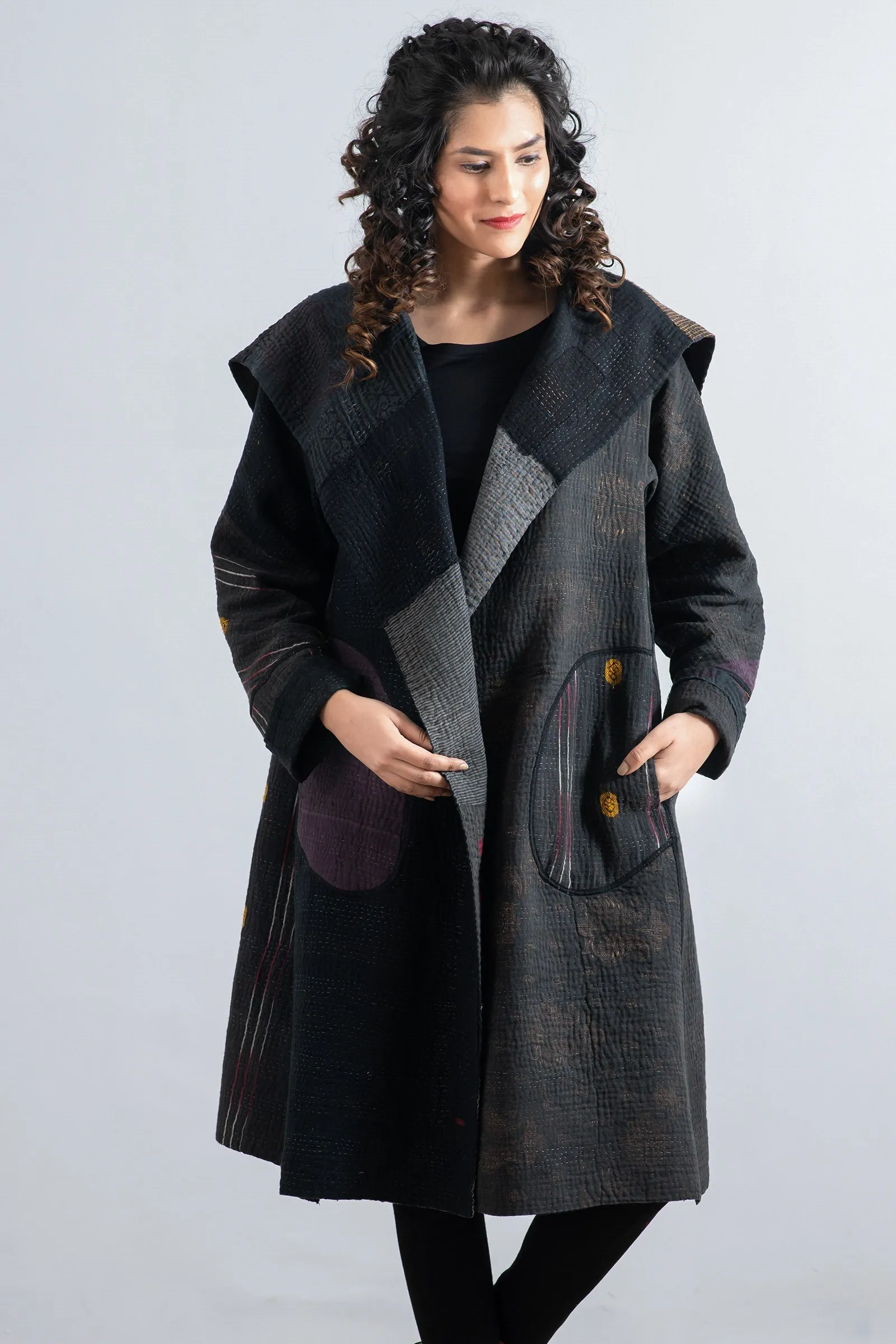 FRAYED PATCH MIX KANTHA A-LINE COAT - fm4309-blk -