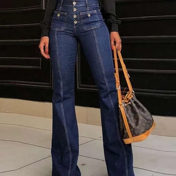 High Waist Multiple Buttons Slim Fit Denim Women's Pants Jeans