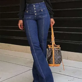 High Waist Multiple Buttons Slim Fit Denim Women's Pants Jeans