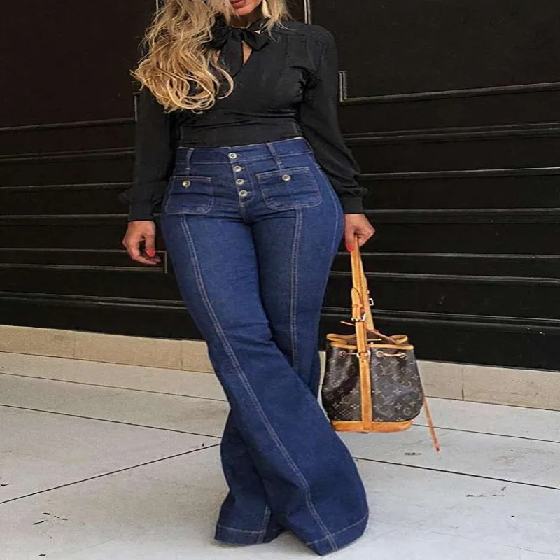 High Waist Multiple Buttons Slim Fit Denim Women's Pants Jeans
