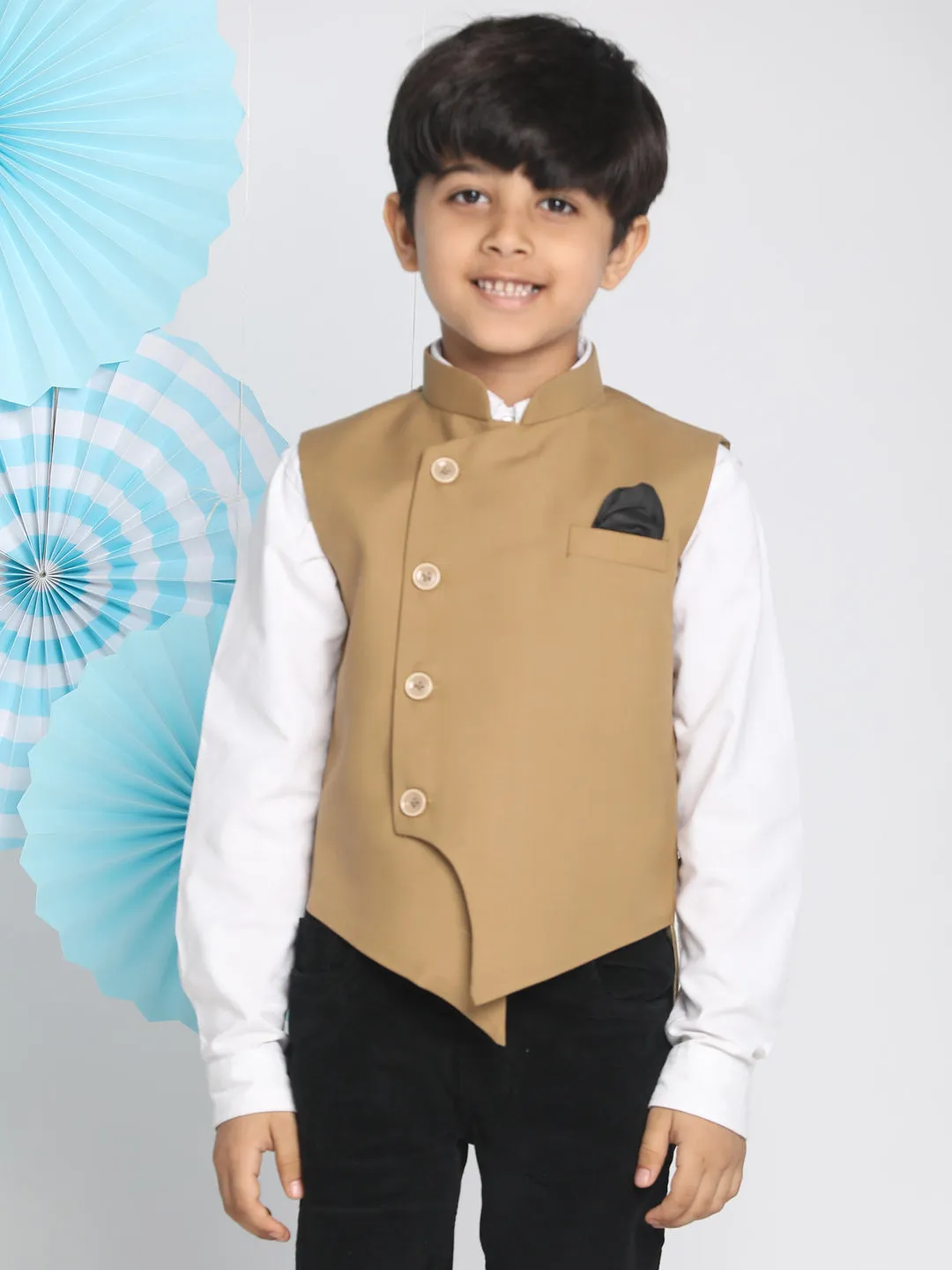 Jashvi Beige Cotton Blend Twill Nehru Jacket