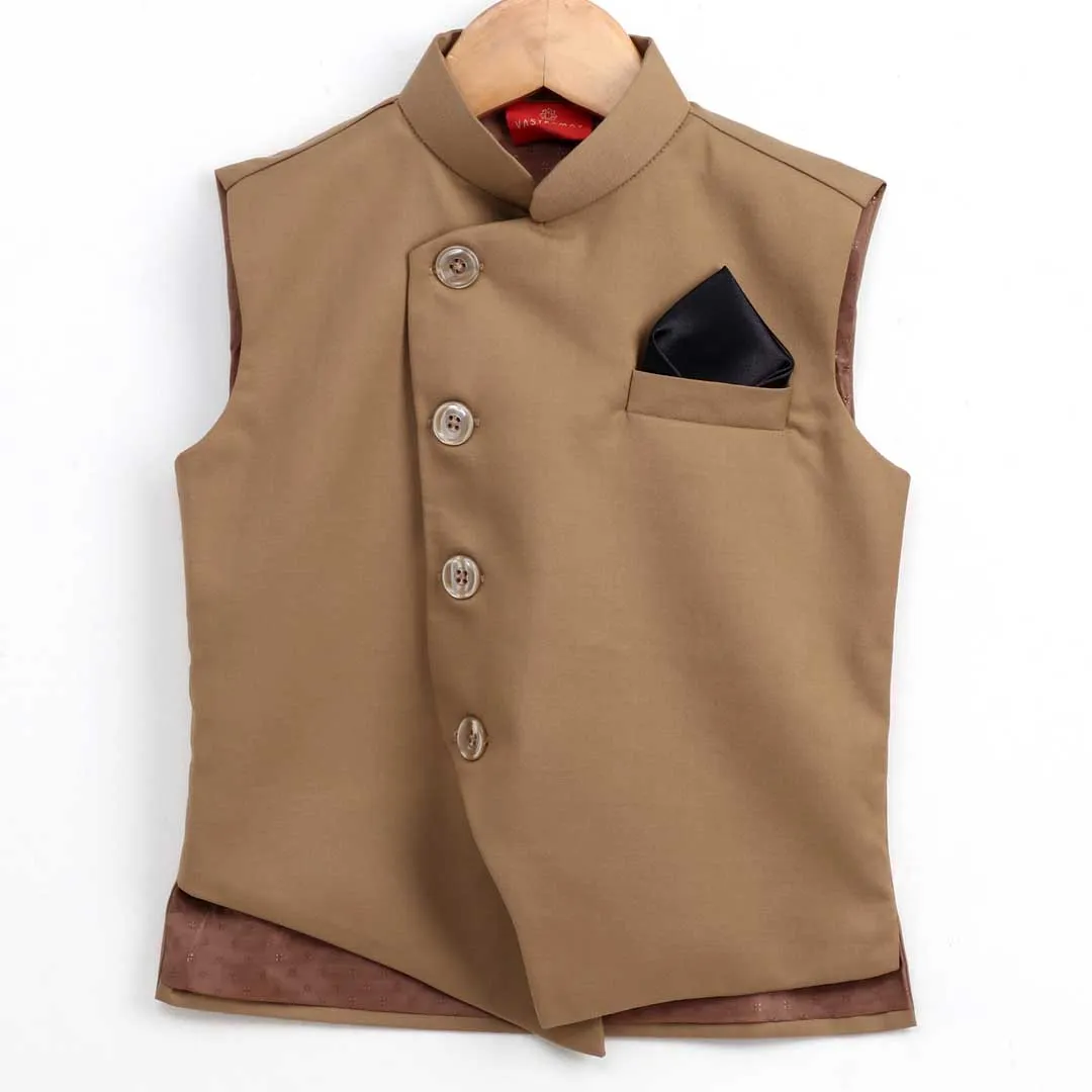 Jashvi Beige Cotton Blend Twill Nehru Jacket