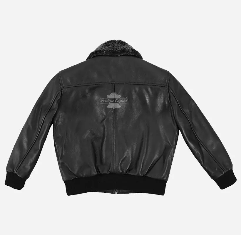 Kids Bomber Leather Jacket with Fur Collar