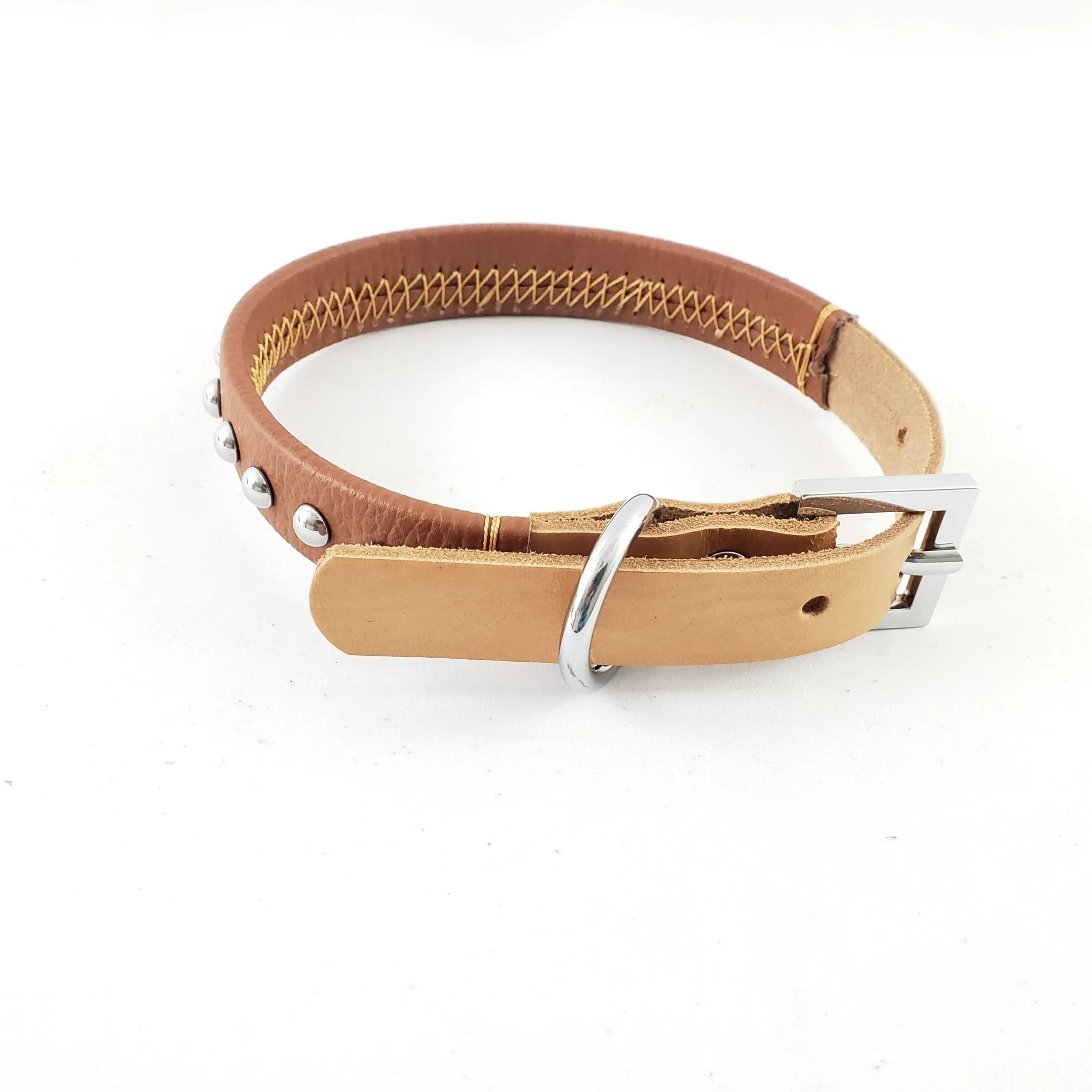 Leather Dog Collar with Single Line of Silver Chrome Buttons - Dark Brown - Small