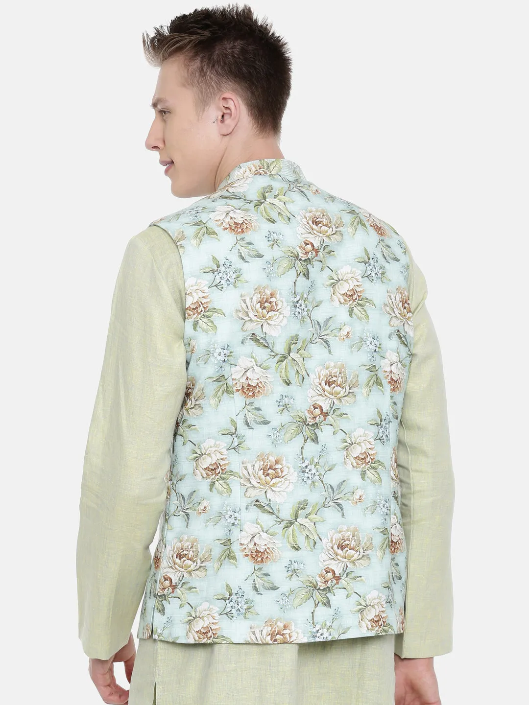Linen Green Printed Jacket  - MMWC0155