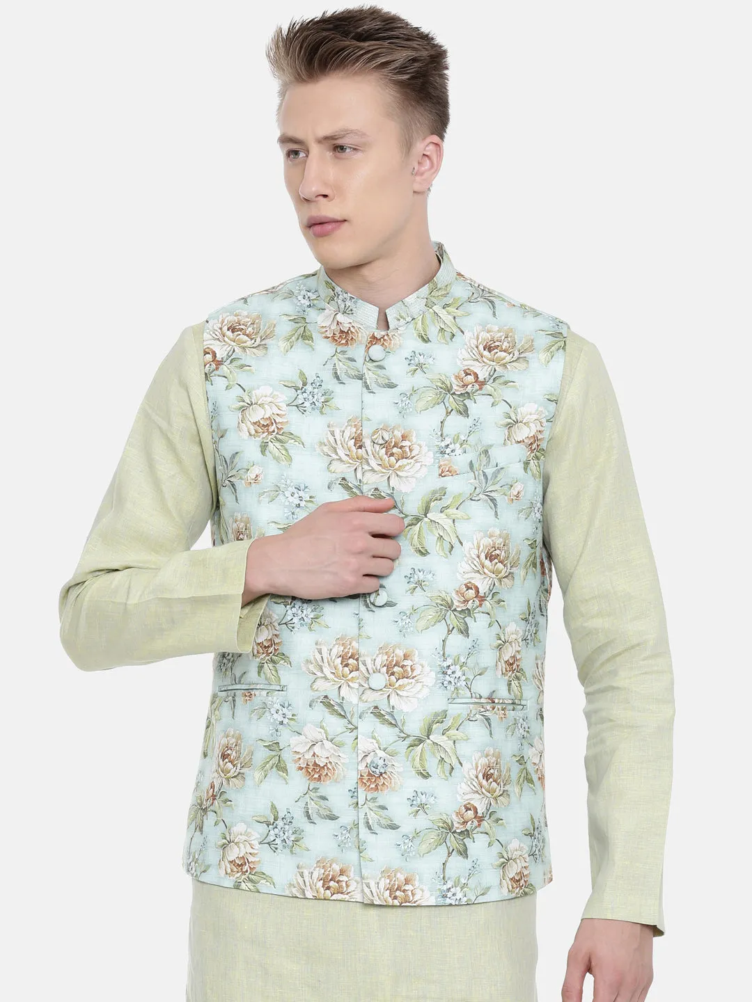 Linen Green Printed Jacket  - MMWC0155