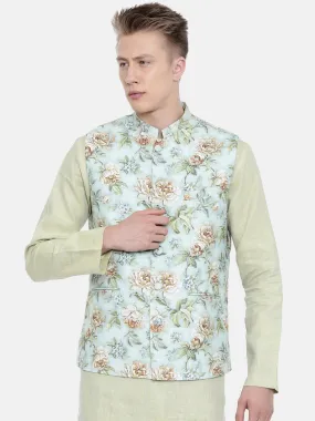 Linen Green Printed Jacket  - MMWC0155