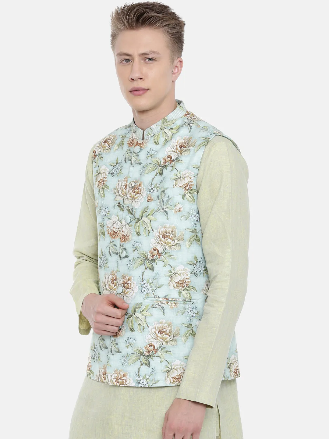 Linen Green Printed Jacket  - MMWC0155