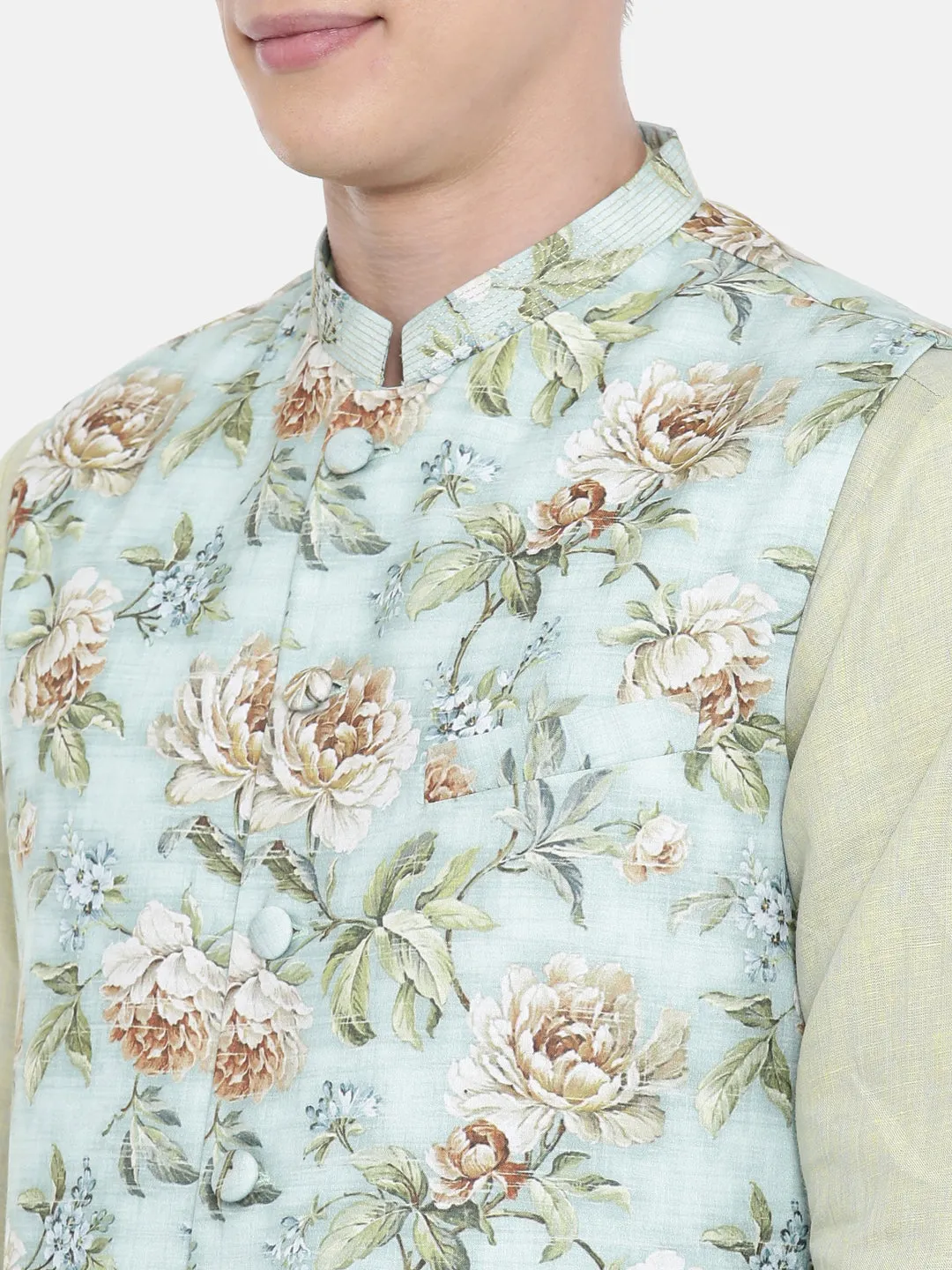 Linen Green Printed Jacket  - MMWC0155