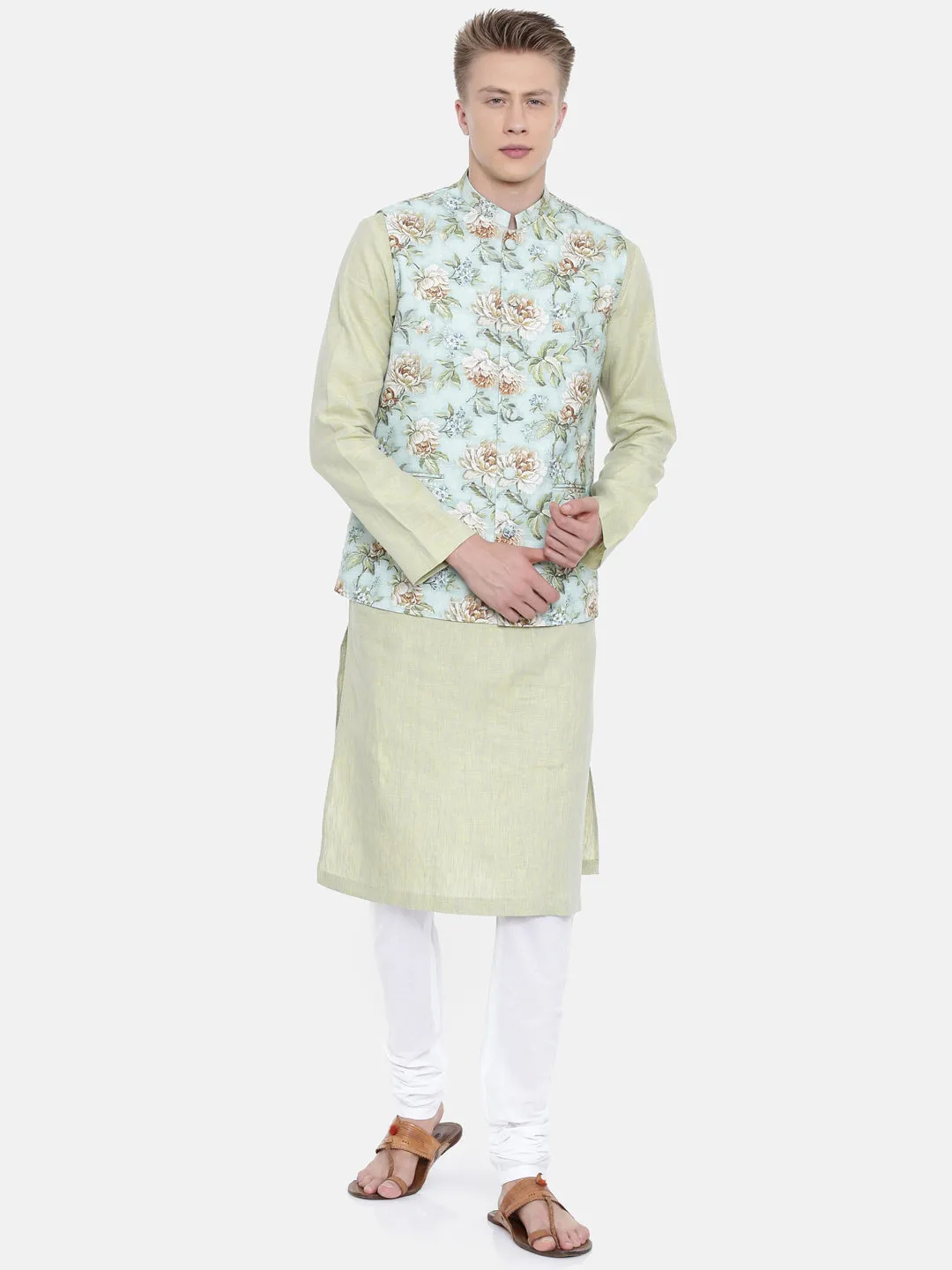 Linen Green Printed Jacket  - MMWC0155