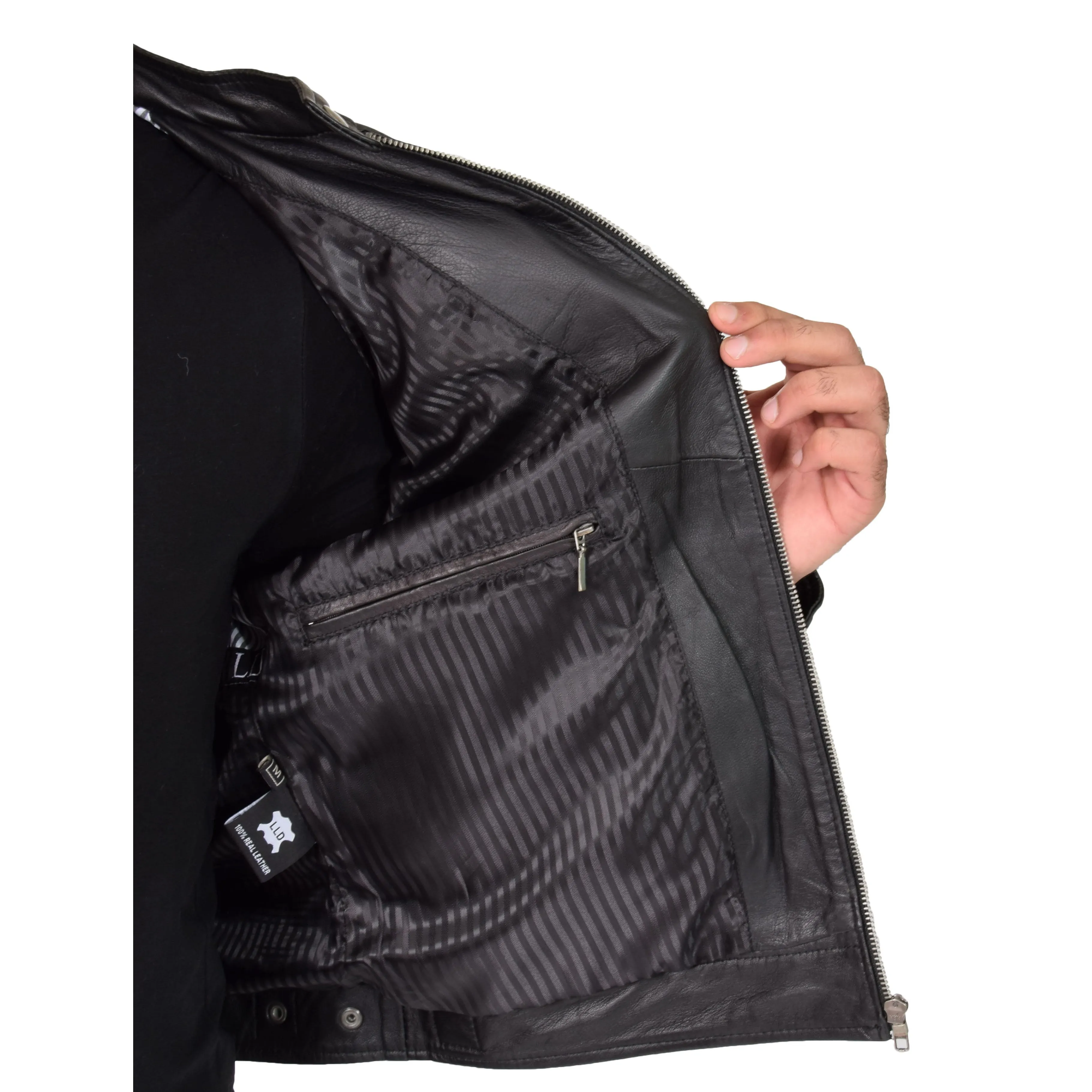 Mens Biker Leather Jacket Band Collar Bill Black