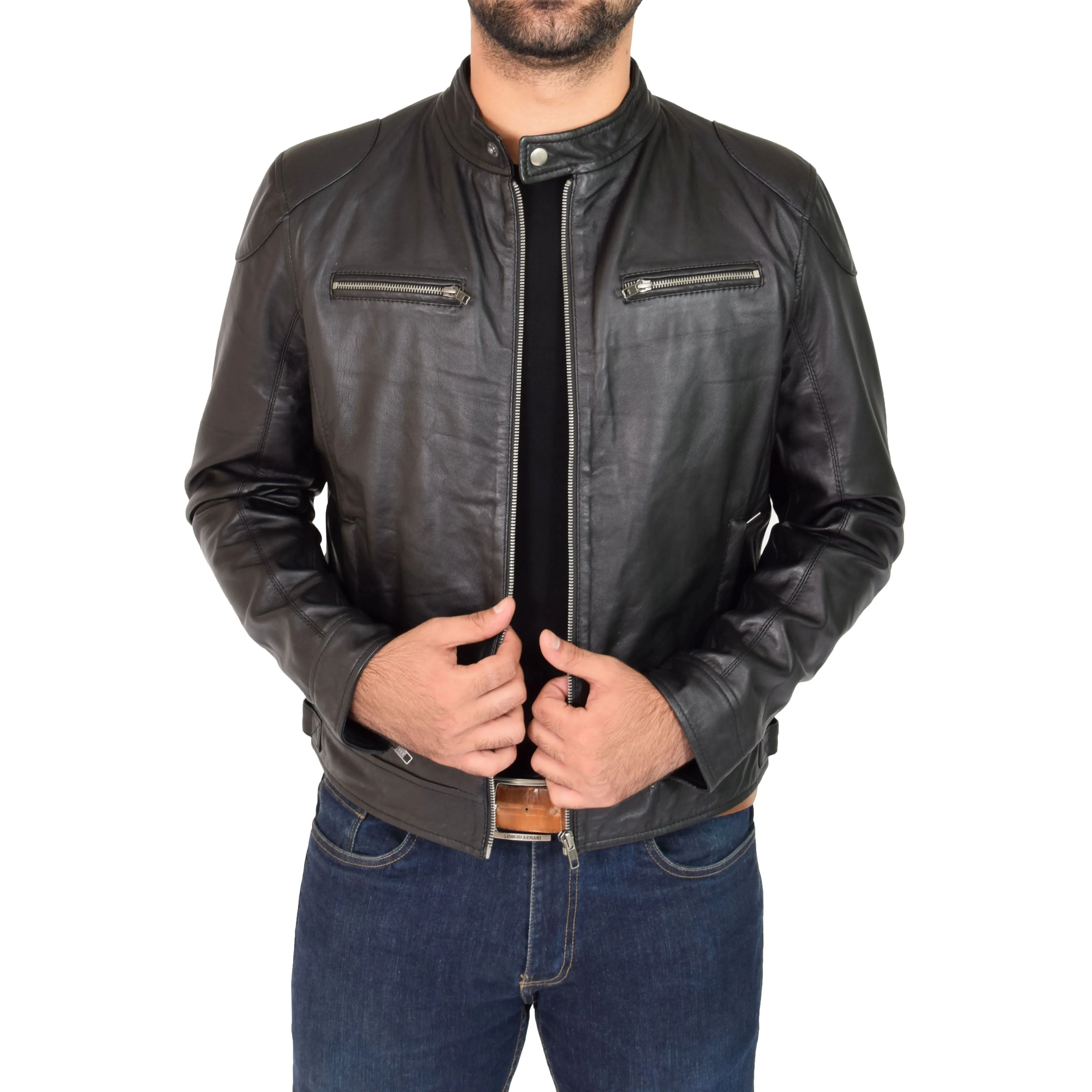 Mens Biker Leather Jacket Band Collar Bill Black
