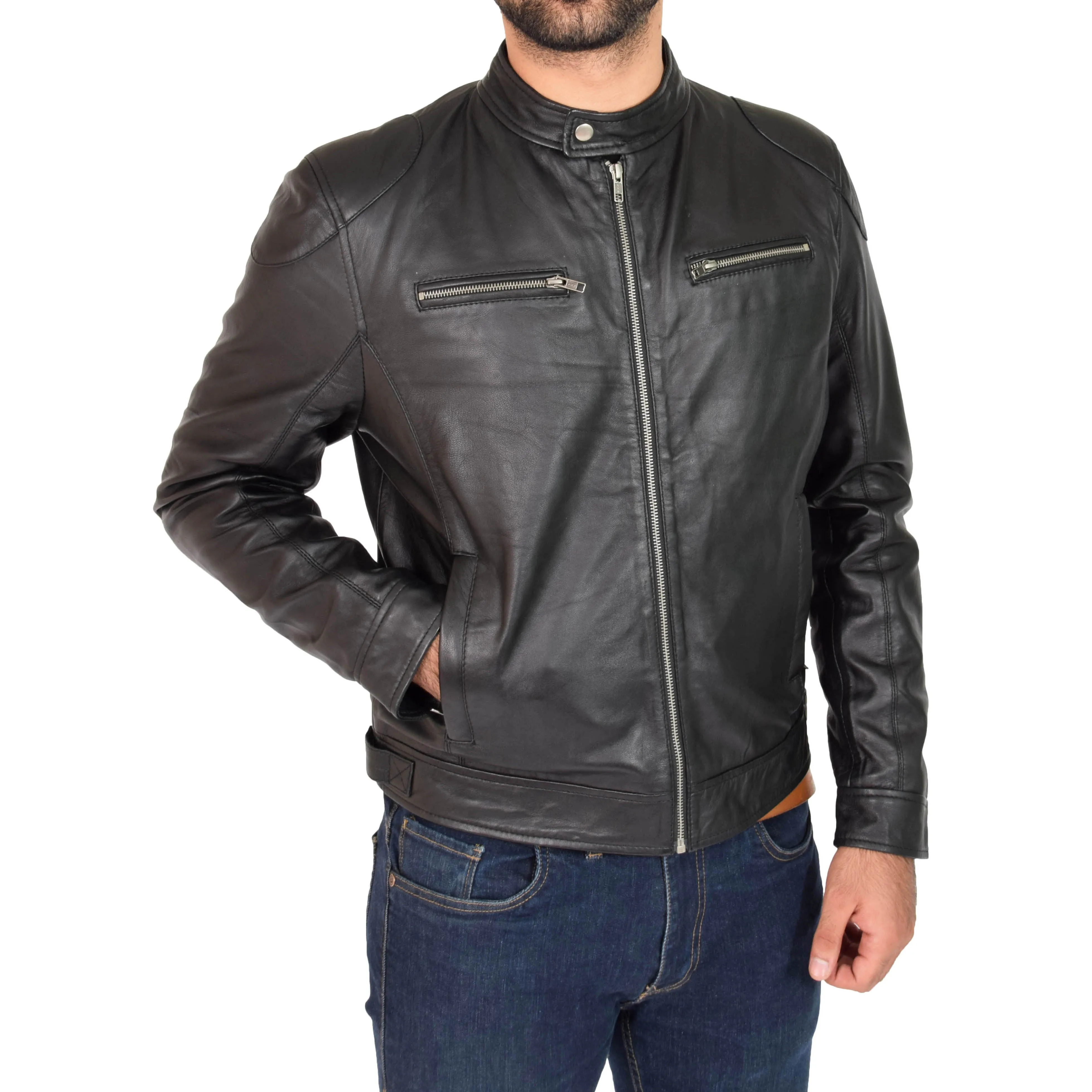 Mens Biker Leather Jacket Band Collar Bill Black
