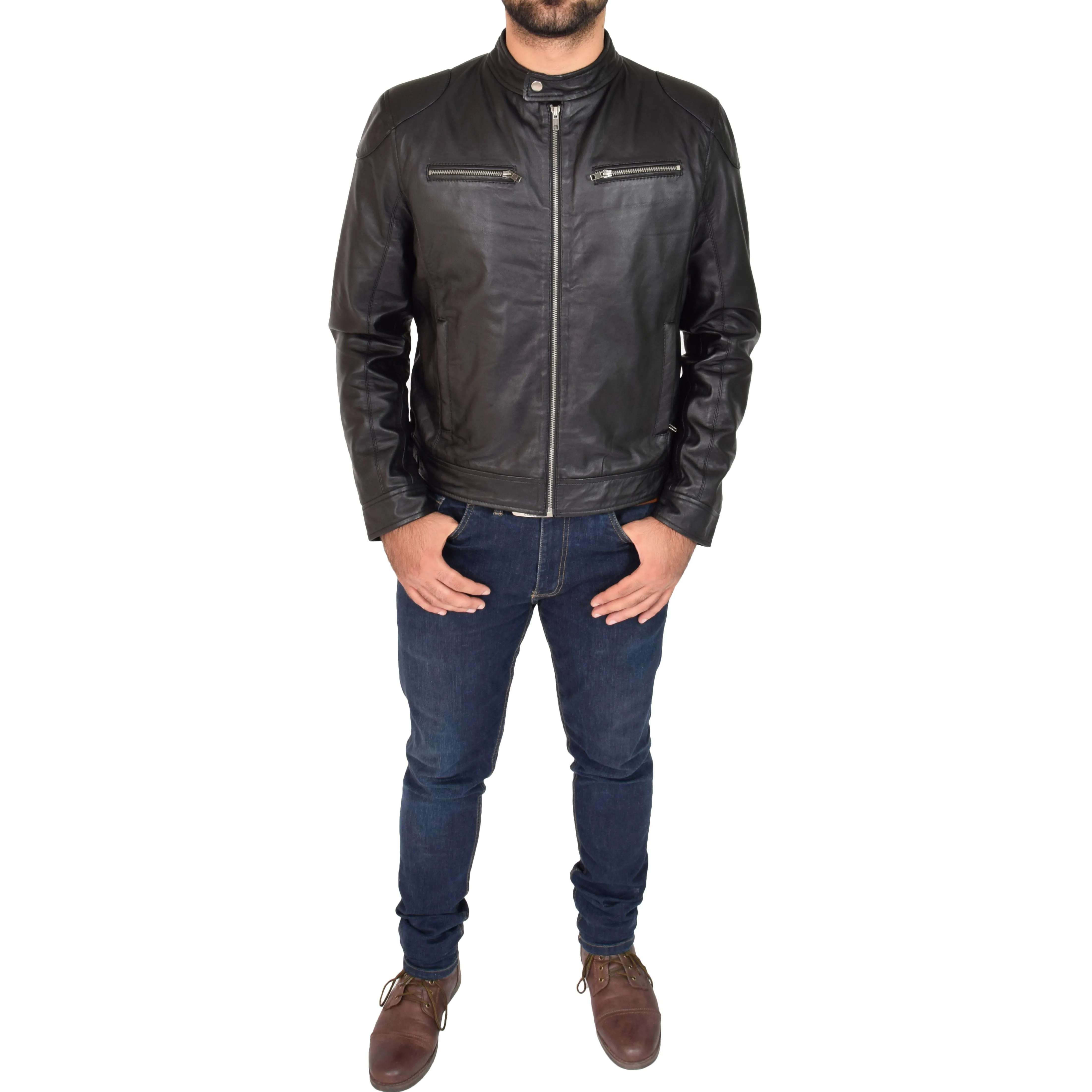 Mens Biker Leather Jacket Band Collar Bill Black
