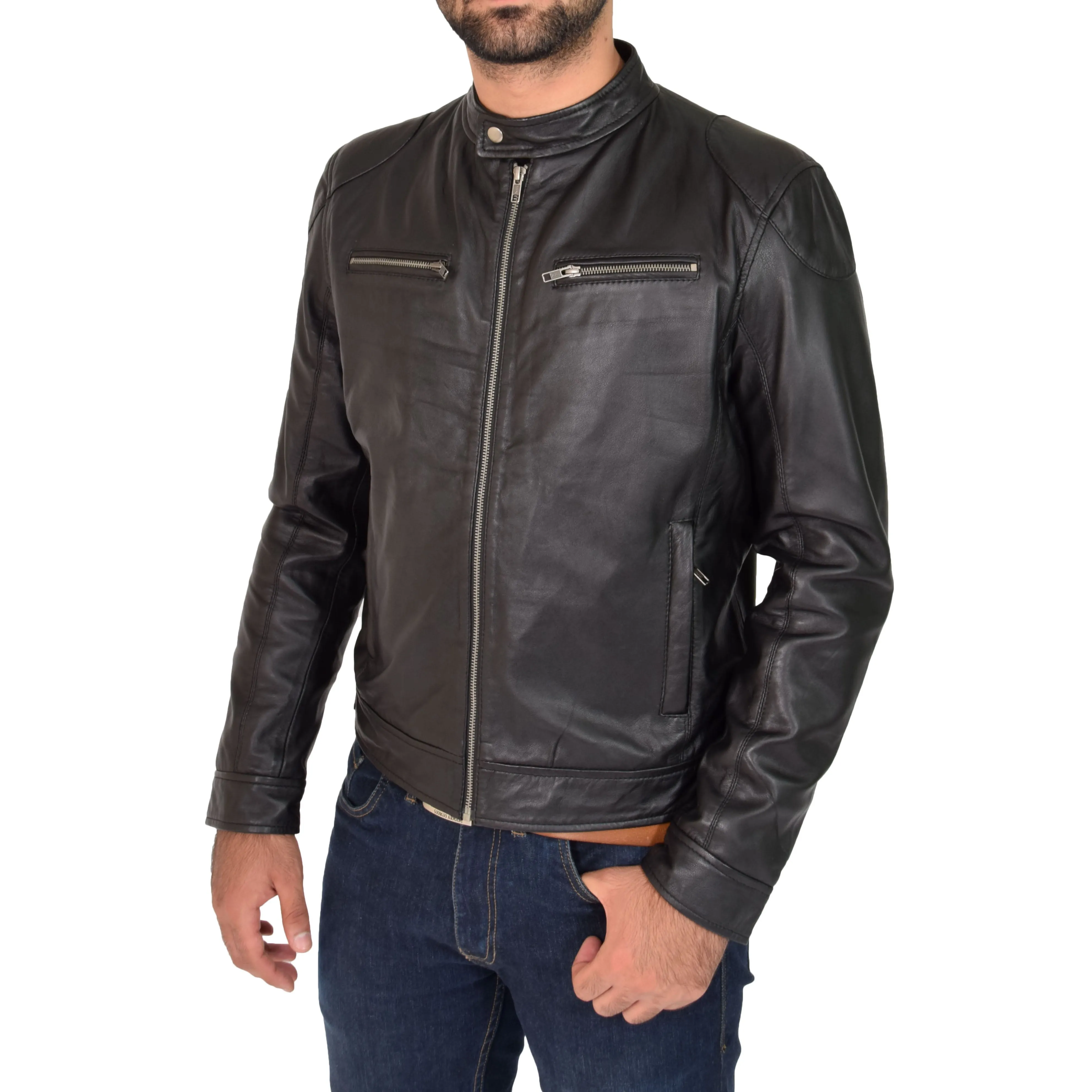 Mens Biker Leather Jacket Band Collar Bill Black