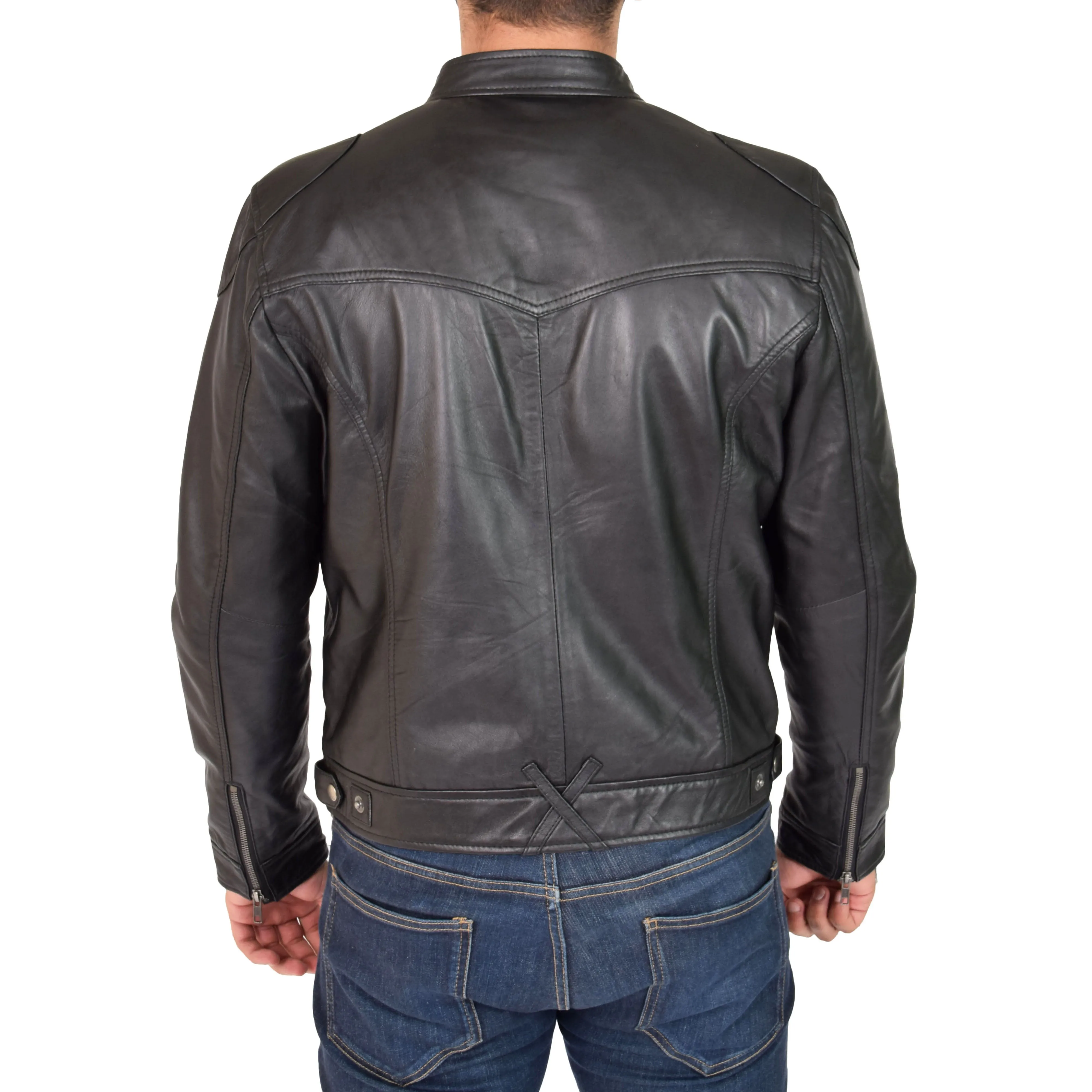 Mens Biker Leather Jacket Band Collar Bill Black