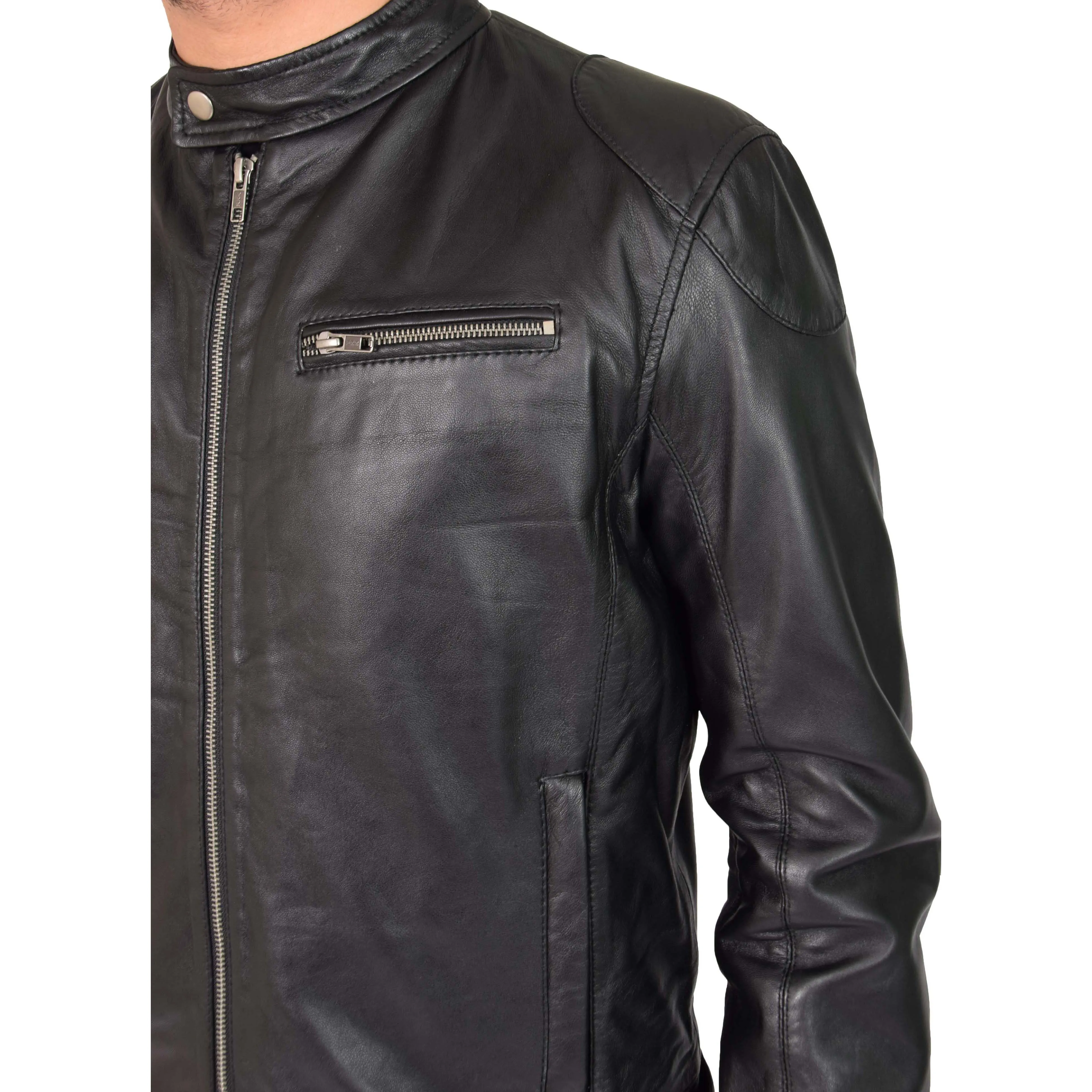 Mens Biker Leather Jacket Band Collar Bill Black