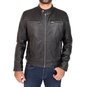 Mens Biker Leather Jacket Band Collar Bill Black