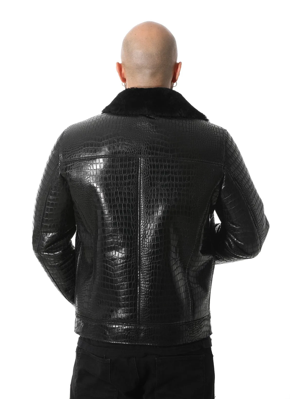 Men's Black Leather Bomber Jacket, Crocodile Emboss