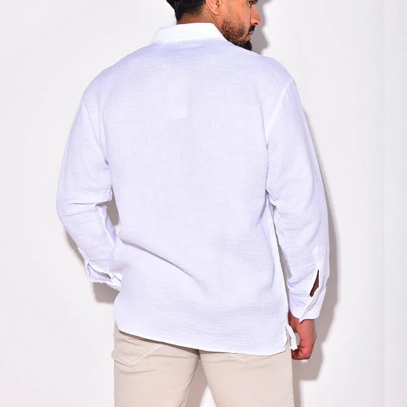 Men's Casual Cotton Linen Lapel Loose Long Sleeve Shirt 29623399M