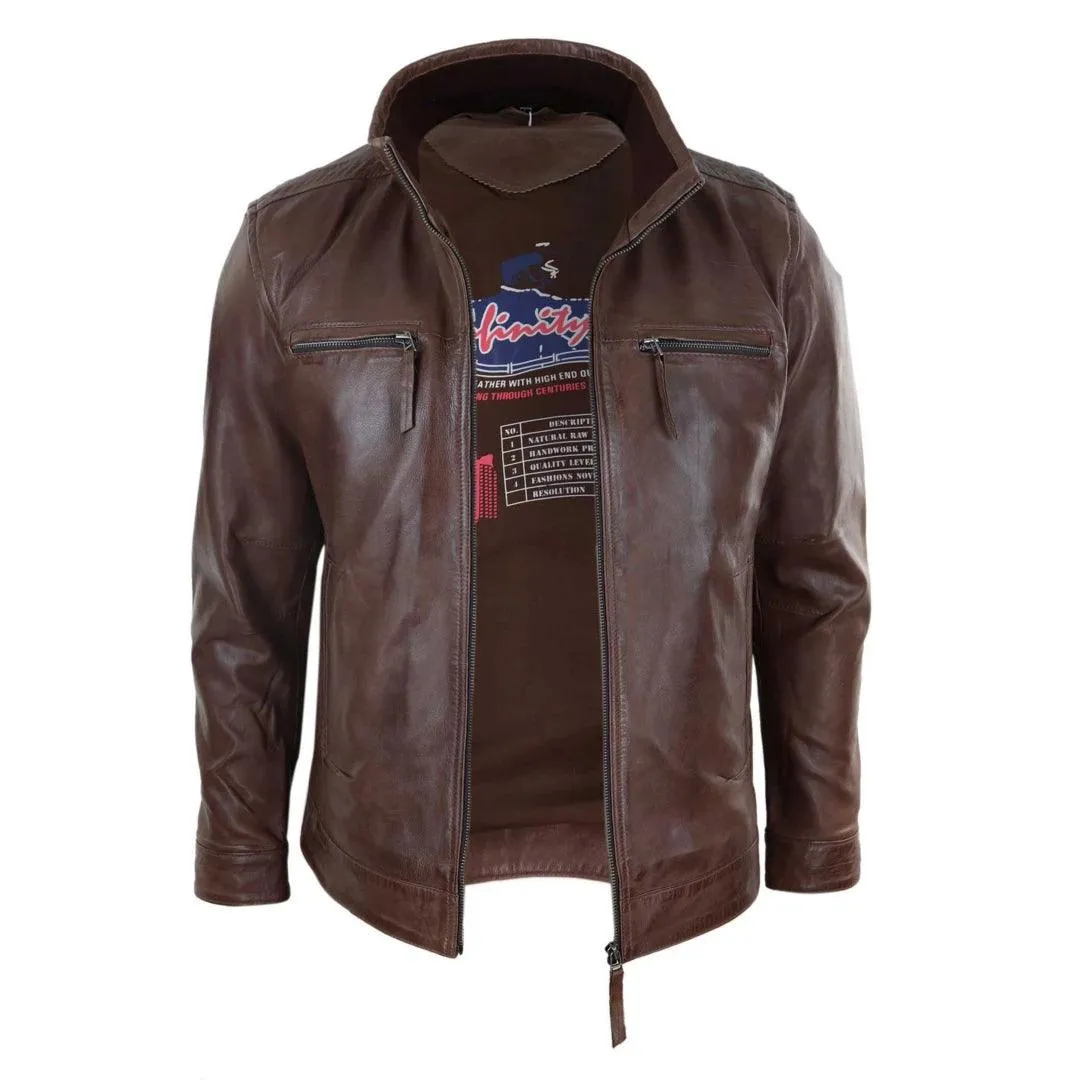 Mens Real Leather Jacket Zipped Biker Style High Collar Smart Casual