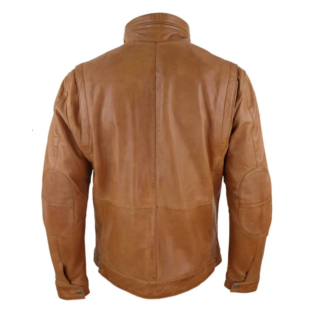 Mens Real Leather Jacket Zipped Biker Style High Collar Smart Casual