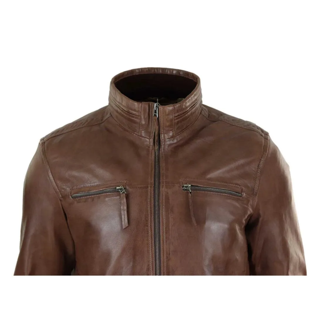 Mens Real Leather Jacket Zipped Biker Style High Collar Smart Casual