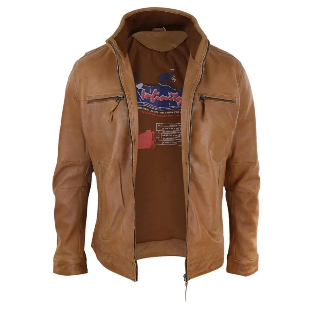 Mens Real Leather Jacket Zipped Biker Style High Collar Smart Casual