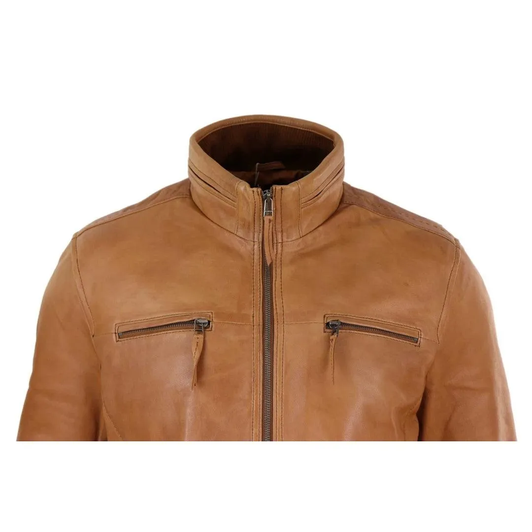 Mens Real Leather Jacket Zipped Biker Style High Collar Smart Casual