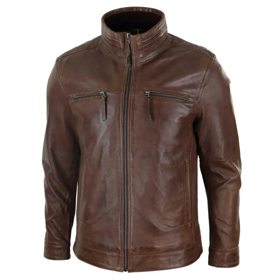 Mens Real Leather Jacket Zipped Biker Style High Collar Smart Casual