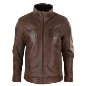 Mens Real Leather Jacket Zipped Biker Style High Collar Smart Casual