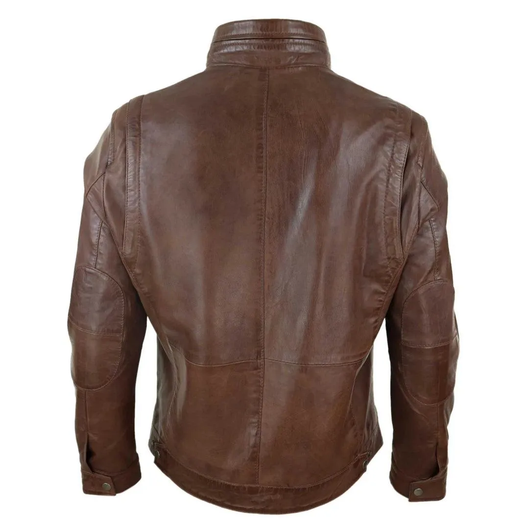 Mens Real Leather Jacket Zipped Biker Style High Collar Smart Casual