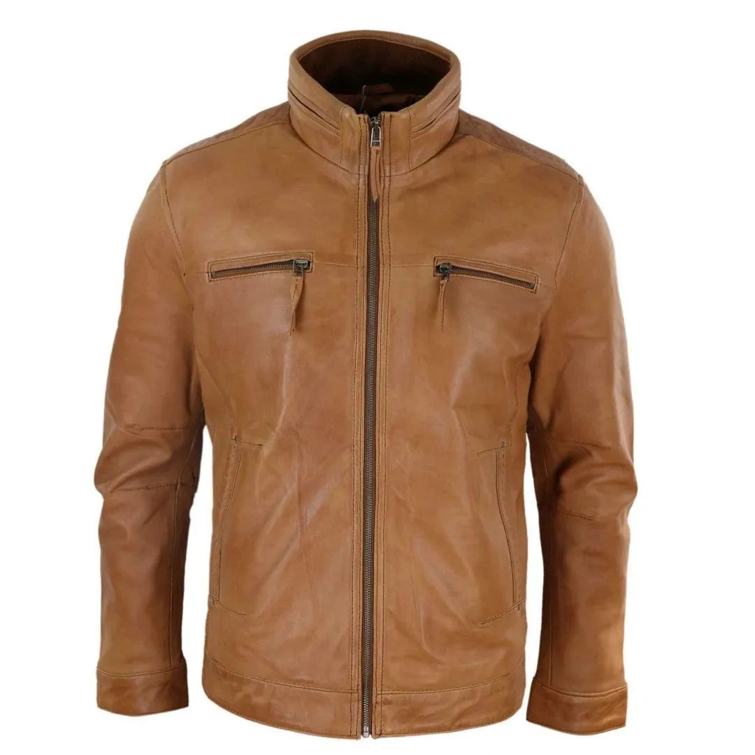Mens Real Leather Jacket Zipped Biker Style High Collar Smart Casual