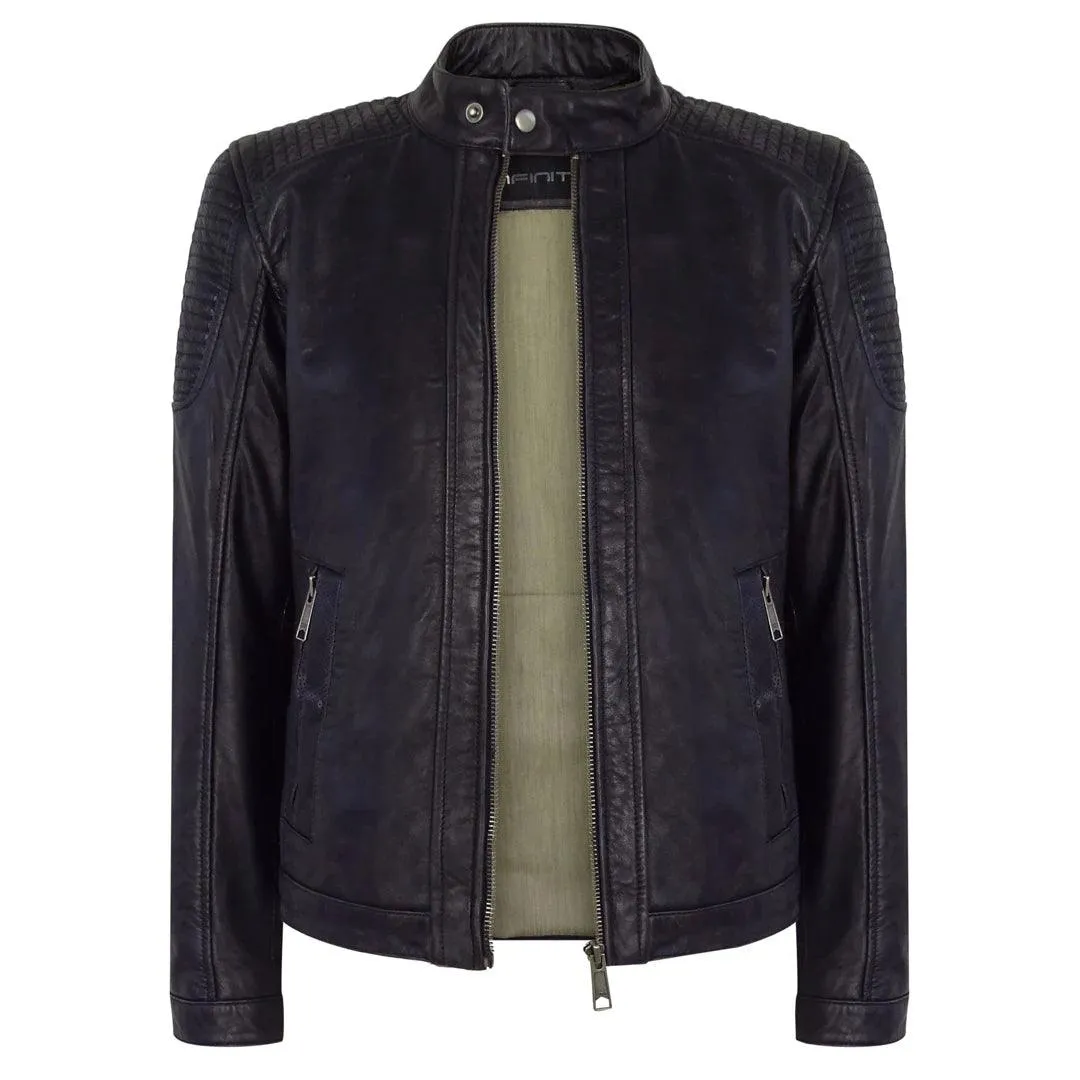 Mens Slim Fit Vintage Navy Washed Real Leather Jacket Nehru Grandad Collar Biker