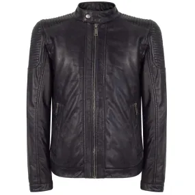Mens Slim Fit Vintage Navy Washed Real Leather Jacket Nehru Grandad Collar Biker
