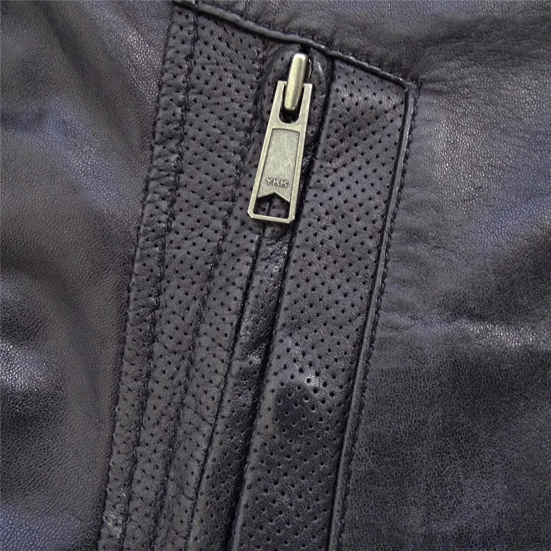 Mens Slim Fit Vintage Navy Washed Real Leather Jacket Nehru Grandad Collar Biker