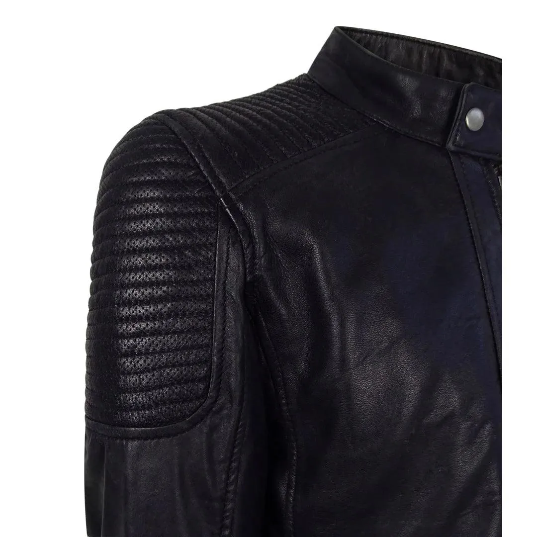 Mens Slim Fit Vintage Navy Washed Real Leather Jacket Nehru Grandad Collar Biker