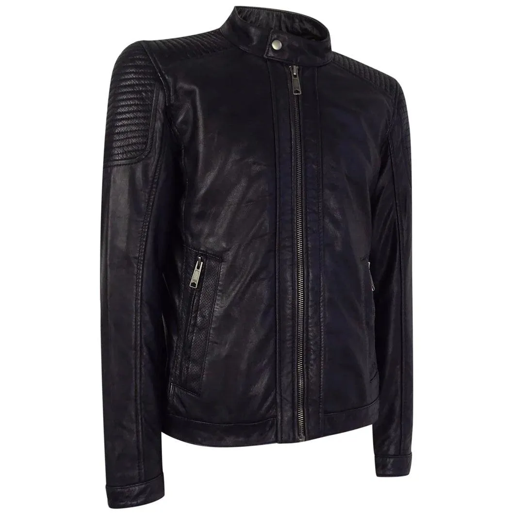 Mens Slim Fit Vintage Navy Washed Real Leather Jacket Nehru Grandad Collar Biker