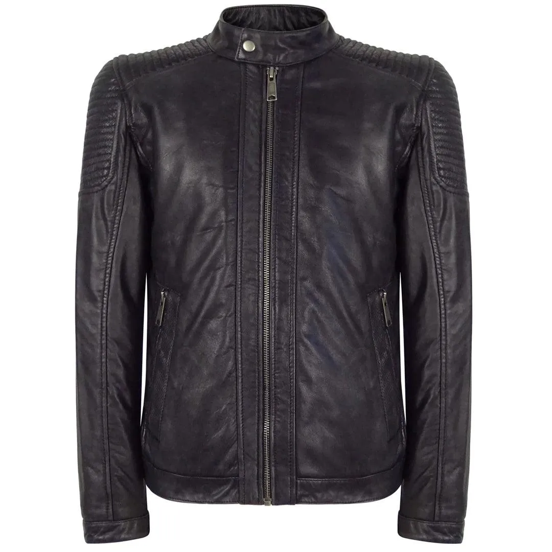 Mens Slim Fit Vintage Navy Washed Real Leather Jacket Nehru Grandad Collar Biker