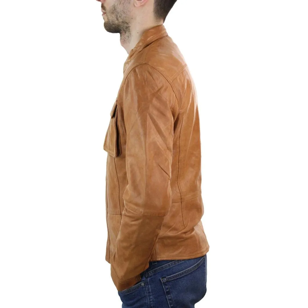 Mens Stud Shirt Real Leather Jacket Tan Grey Black Vintage Skinny Slim Fit Retro
