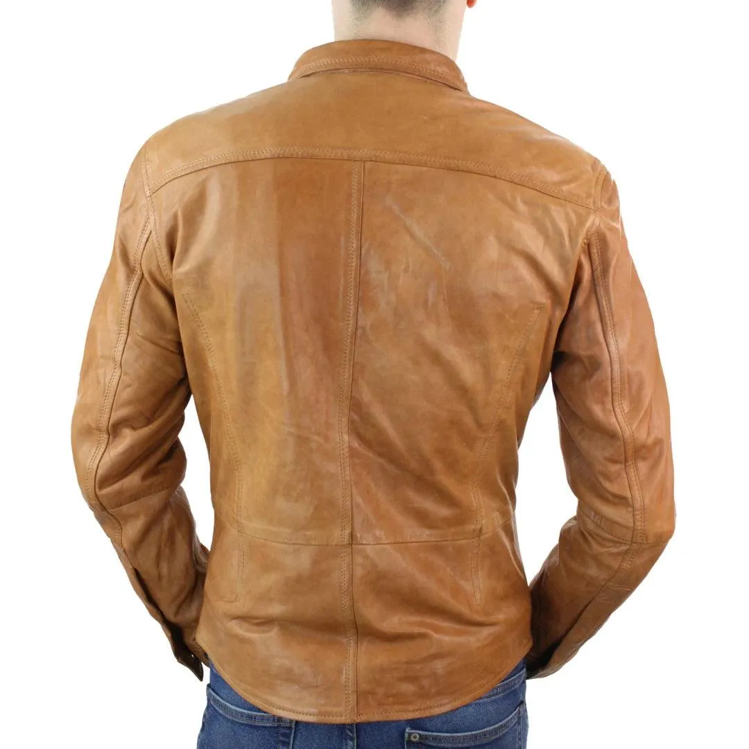 Mens Stud Shirt Real Leather Jacket Tan Grey Black Vintage Skinny Slim Fit Retro