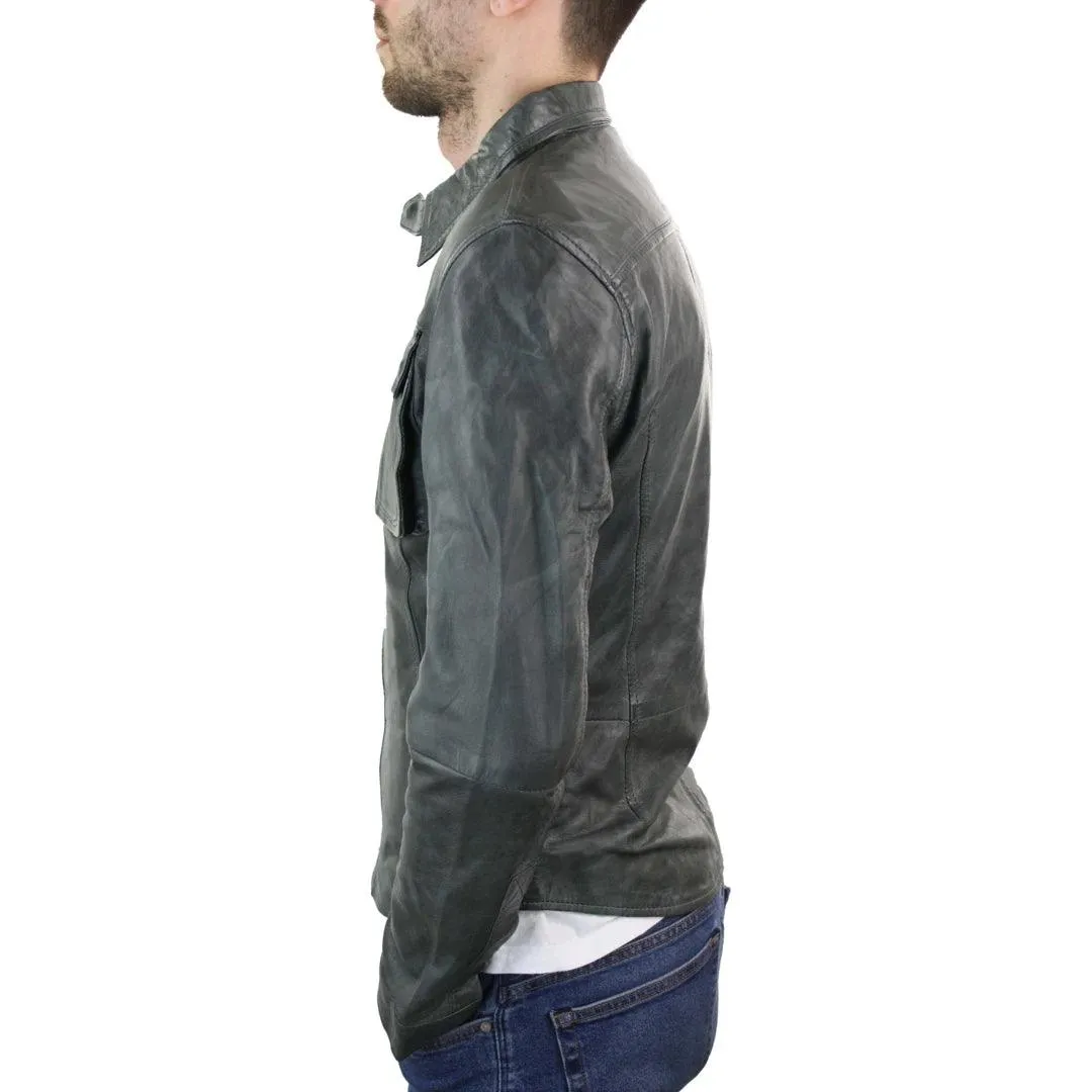 Mens Stud Shirt Real Leather Jacket Tan Grey Black Vintage Skinny Slim Fit Retro